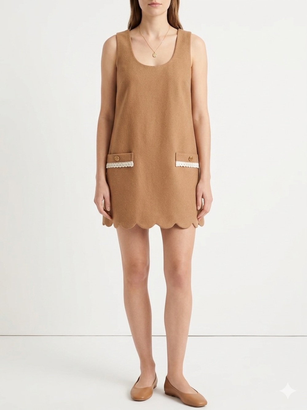 ChiMera Park Wool Blend Sleeveless Shift Dress Tan Scallop Hem Pocket Detail M